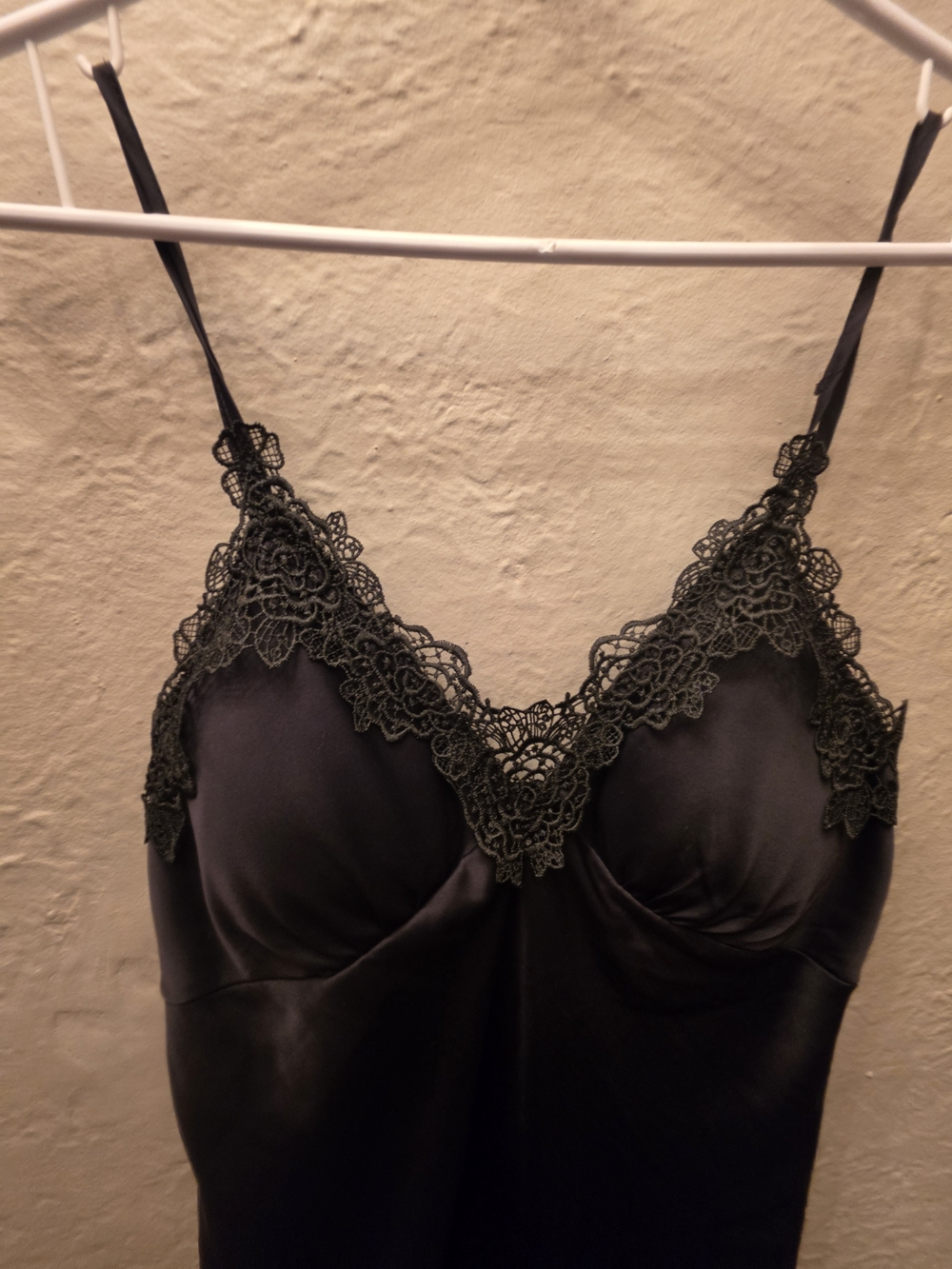 Black Satin Lace Appliqué Slip Dress Chemise Lingerie Nightgown L - Picture 2 of 10